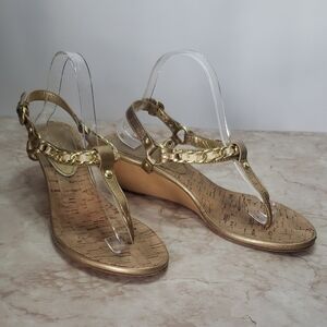 Coach Gold T-Strap Wedge Sandals with Chain Detail Size 10